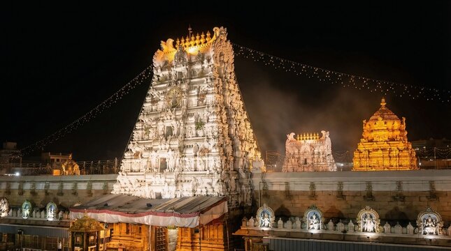 Venkateswara Temple, commonly known as the Tirupati Balaji Temple, night view located in Tirumala, Andhra Pradesh, India