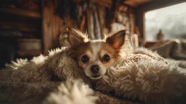 A tiny Chihuahua shivering adorably on a fluffy blanket in a cabin. Warm, low natural light, emotional portrait, photorealistic.