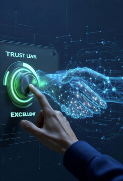 AI-Generated Concept of Digital Trust Interface with Human and AI Hand Interaction