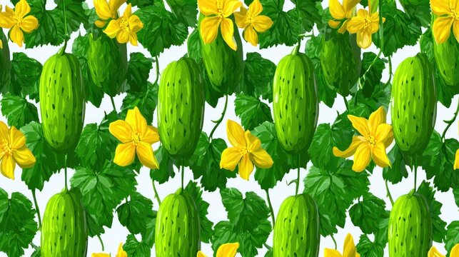 Repeating pattern features vibrant green gourd vegetables interspersed with bright yellow blossoms and foliage