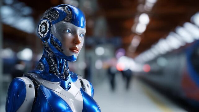 A futuristic humanoid robot with a sleek blue design stands in a busy train station, embodying the convergence of technology and modern transportation.