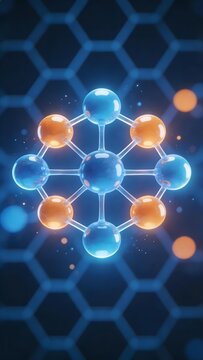 Molecular structure with blue and orange atoms connected by bonds, set against a hexagonal grid background.