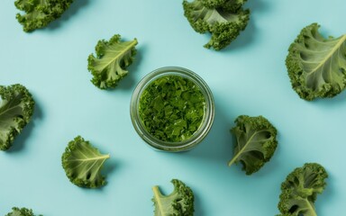 Obraz premium A vibrant green smoothie bowl surrounded by kale leaves on a light blue surface