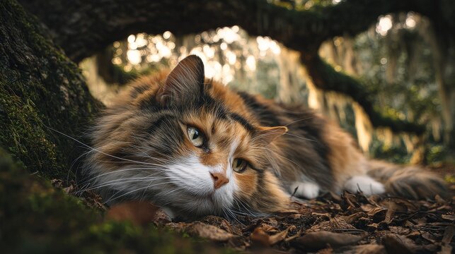 An older, wise-looking Calico cat resting under a sprawling oak tree. Soft diffused light, natural setting, emotional portrait, ultra detailed.