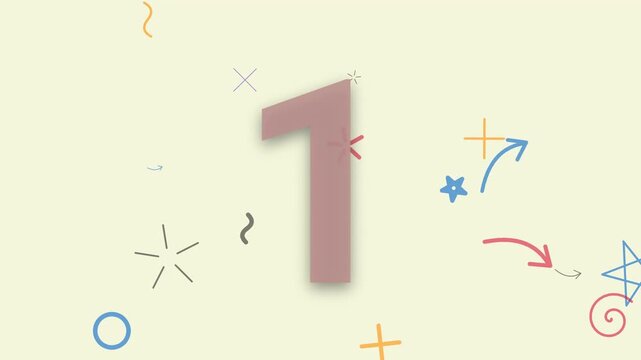 Playful animated colorful countdown timer from five to one with handdrawn elements
