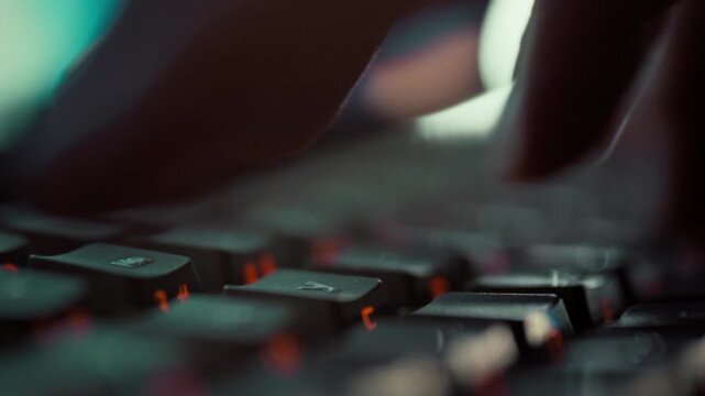 A programmer's fingers swiftly tap keyboard keys in an extreme close-up, crafting intricate code that fuels AI-powered automation through neural network recognition, driving cutting-edge development