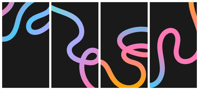 Modern line dynamic elements on black background. Poster templates with curve pattern shapes. Abstract cover set with fluid ribbin brush.