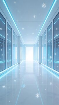 Futuristic corridor with blue lighting and snowflake patterns on a reflective floor