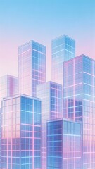 Obraz premium Futuristic cityscape with glass skyscrapers glowing in pastel hues against a soft sky