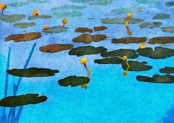 Ilustracja grafika kwiaty i liście lilie wodne na tafli jeziora. Hand made drawing. © Monika