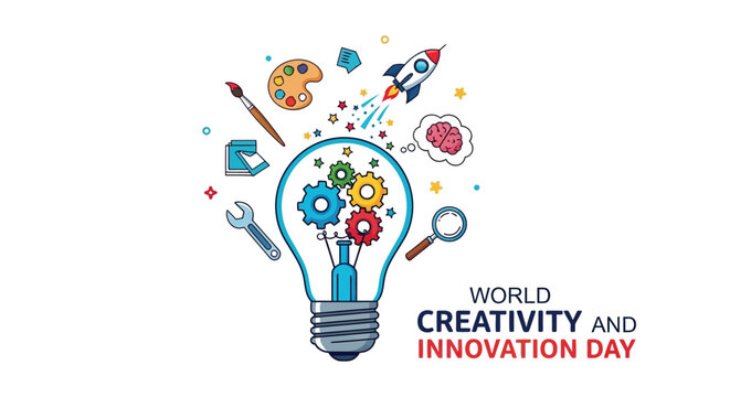 Vector illustration celebrating world creativity and innovation day featuring a large lightbulb filled with colorful gears and surrounded by various tools symbolizing artistic and inventive thought pr