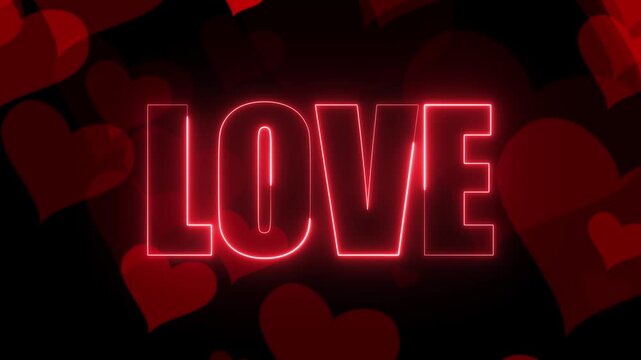 Neon glowing love text on with love shape background. Seamless loop animation.