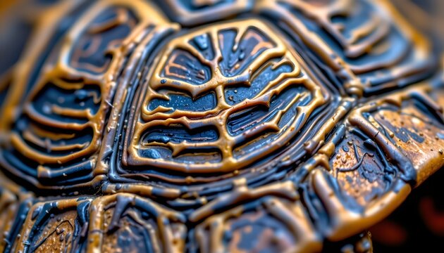 The image features a close up view of a turtle shaped object decorated with intricate detailing