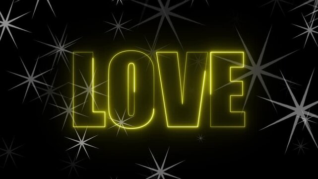 Neon glowing love text on with star shape background. Seamless loop animation.