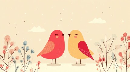 Fototapeta premium Flat illustration, simple nature elements, clean background, cute birds.