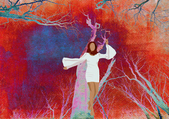 Ilustracja młoda kobieta w białej sukience tańcząca wśród drzew. Hand made drawing. © Monika