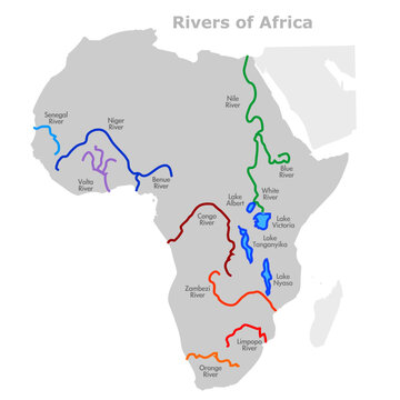 Africa major rivers. largest lakes, basins. Congo, Nile, Niger, River, zambezi, orange rivers map. Location of river basins and lakes in Africa.. Illustration vector