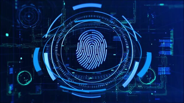 Futuristic digital fingerprint scanner with glowing neon padlock icon representing biometric security and authentication on a dark abstract background.

