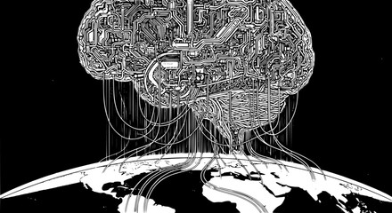 Digital brain illustration made of intricate circuit board patterns connecting to Earth with data cables in outer space representing global intelligence and artificial consciousness. © Mazhar Khan