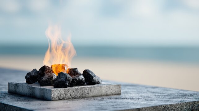 A modern fire pit with glowing flames burning black stones, set outdoors with a blurred natural backdrop, relaxing fire, world heat crisis