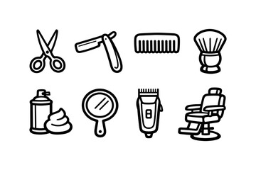 Obraz premium Collection of barber shop tools and equipment icons on a white background