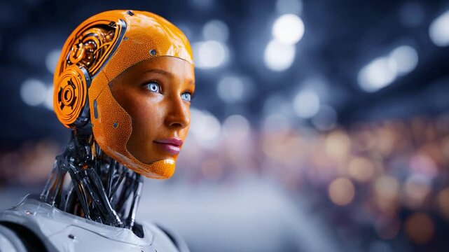 Futuristic Robot Female with Distinct Features, Close-Up View in a High-Tech Environment, Showcasing Advanced Artificial Intelligence and Realistic Design