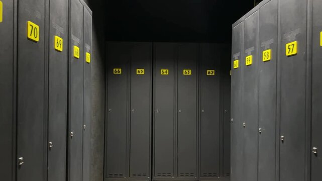 Modern storage locker room with numbered metal lockers arranged in rows, organization and personal storage concept, secure facility interior with clean industrial design