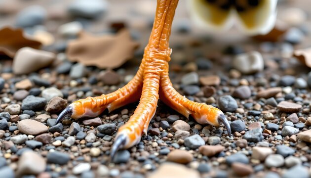 The image features a close up view of a bird's feet standing on a pebble covered surface