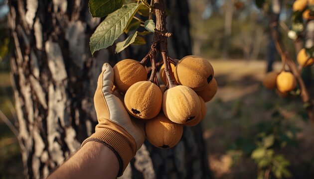 Hands Wearing Garden Gloves picking Sweet Chickoo
