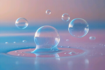 Naklejka premium Iridescent soap bubbles floating gracefully against a soft gradient background of pastel blue and purple light.
