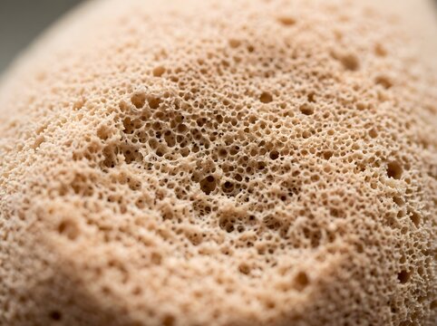 A close-up view of a beige, porous, sponge-like texture with numerous small holes