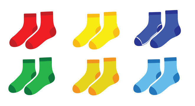 Colorful socks arranged in pairs red yellow blue and green variations shown