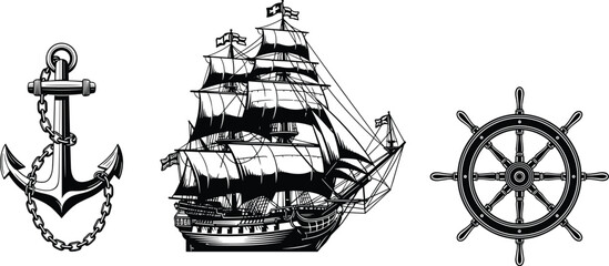 Anchor ship wheel sailing vessel flat vector illustration with nautical theme, maritime navigation, historic galleon, ocean travel, sea exploration design © MstFerdushe