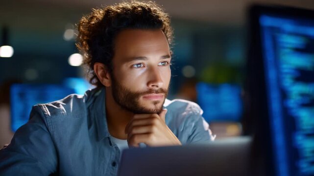 Focused Male Observer Analyzing Data on a Laptop, Deep in Thought and Contemplation in a Dimly Lit Environment with Coding Elements Visible in the Background