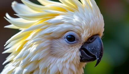 Fototapeta premium The image features a close up of a bird with striking plumage, primarily white with hints of yellow