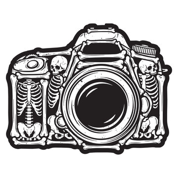 Black and white camera skeleton design.