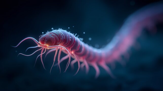 Segmented wormlike organism with reddish pink body and translucent appendages drifts underwater amid bubbles against deep blue background. Biological science concept for marine research content