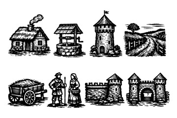 Fototapeta premium Medieval village scene with a cottage, well, tower, and rural landscape