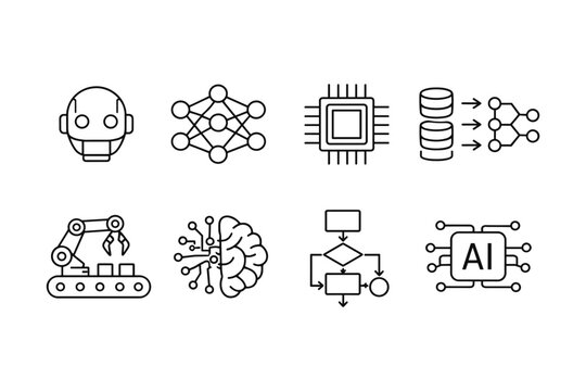Collection of modern AI and machine learning concept icons in a clean line art style