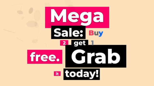 Mega Sale Motion Graphic with buy two get one free offer in dynamic colorful blocks.