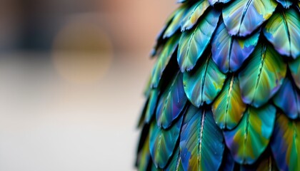 Obraz premium The image features a close up of a cluster of vibrant, iridescent feathers arranged in a layered pattern
