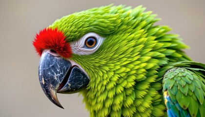 The image features a vibrant, close up portrait of a parrot with predominantly green feathers covering most of its body