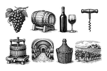 Obraz premium Vintage wine making process and vineyard elements in detailed engraving style