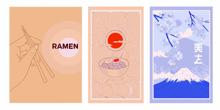 Three japanese themed illustrations featuring ramen food and mount fuji