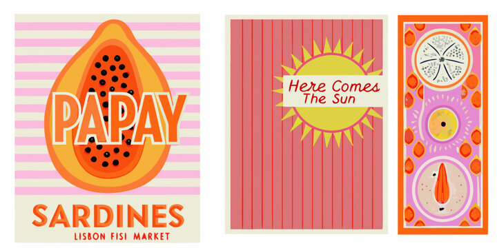 Retro style illustrations of papaya sun and sardines with vibrant colors
