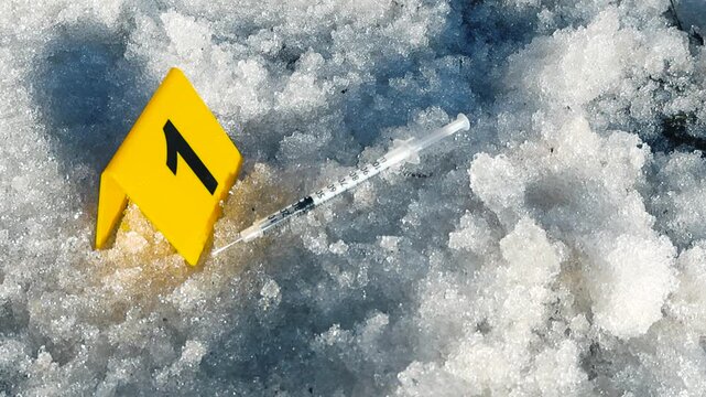 Crime scene marker and syringe as evidence in the snow