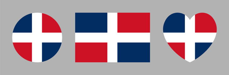 Naklejka premium Civil round, heart shaped, rectangular flag of Dominican Republic badge, sticker. Dominican Republic flag heart, circle, rectangle icon, button. Banner, background flag of Dominican Republic set.