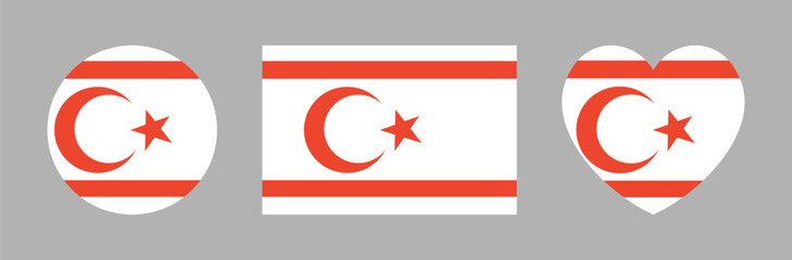 Obraz premium Northern Cyprus heart shaped, rectangular, round country flag badge, sticker. Turkish Republic of Northern Cyprus flag rectangle, circle, heart icons. National Northern Cyprus circular button, banner