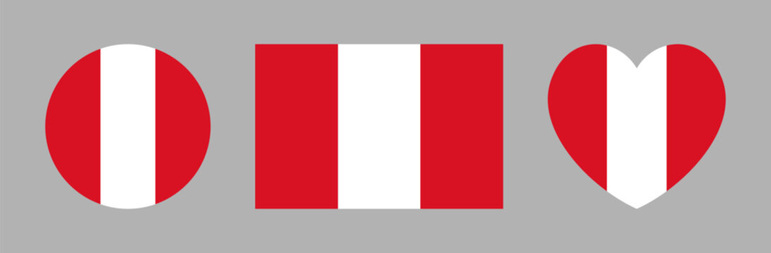 Civil rectangular, round, heart shaped icon, sticker flags of Peru. Set of Peru flag heart, circle, rectangle ensign, button, badge. Flag of Peru background, banner.
