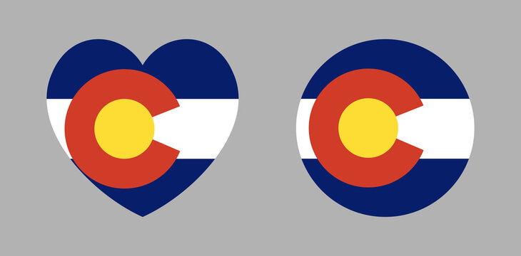 Colorado flag circle, heart shaped badge, button. State of Colorado symbol icons set. USA state flag in round, heart shapes banner, sticker.